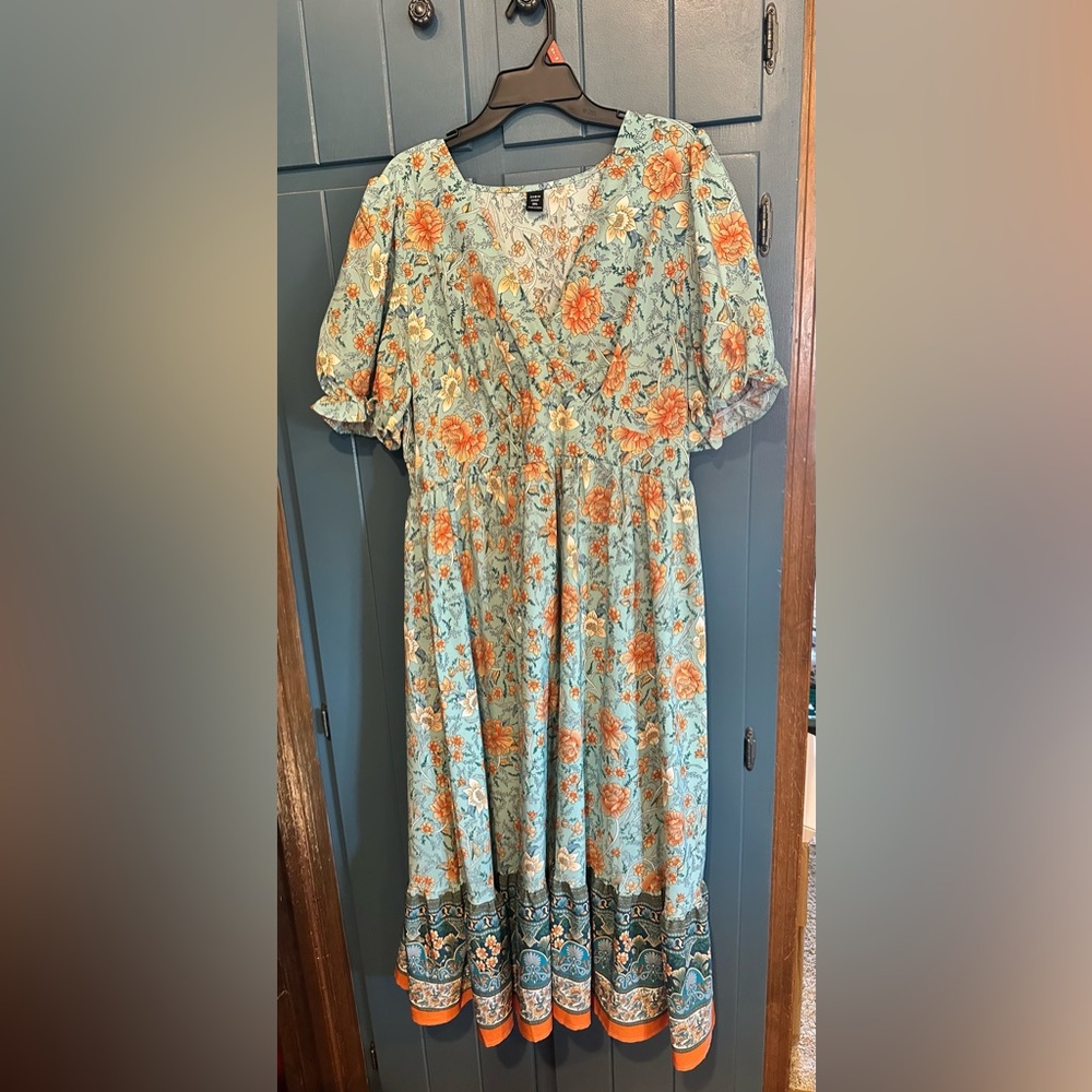 SHEIN Curve Floral Dress with Orange and Cream Accents